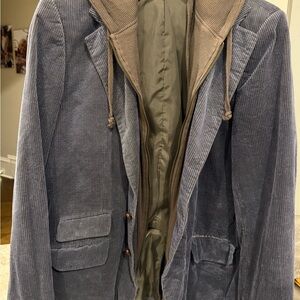 Men's vintage Dragonfly  Blue Corduroy Jacket with built in zip up hoodie.